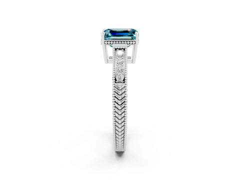 White gold Emerald Cut Blue Topaz Engagement Ring with Milgrain Channel Set Band and Prong Setting_2