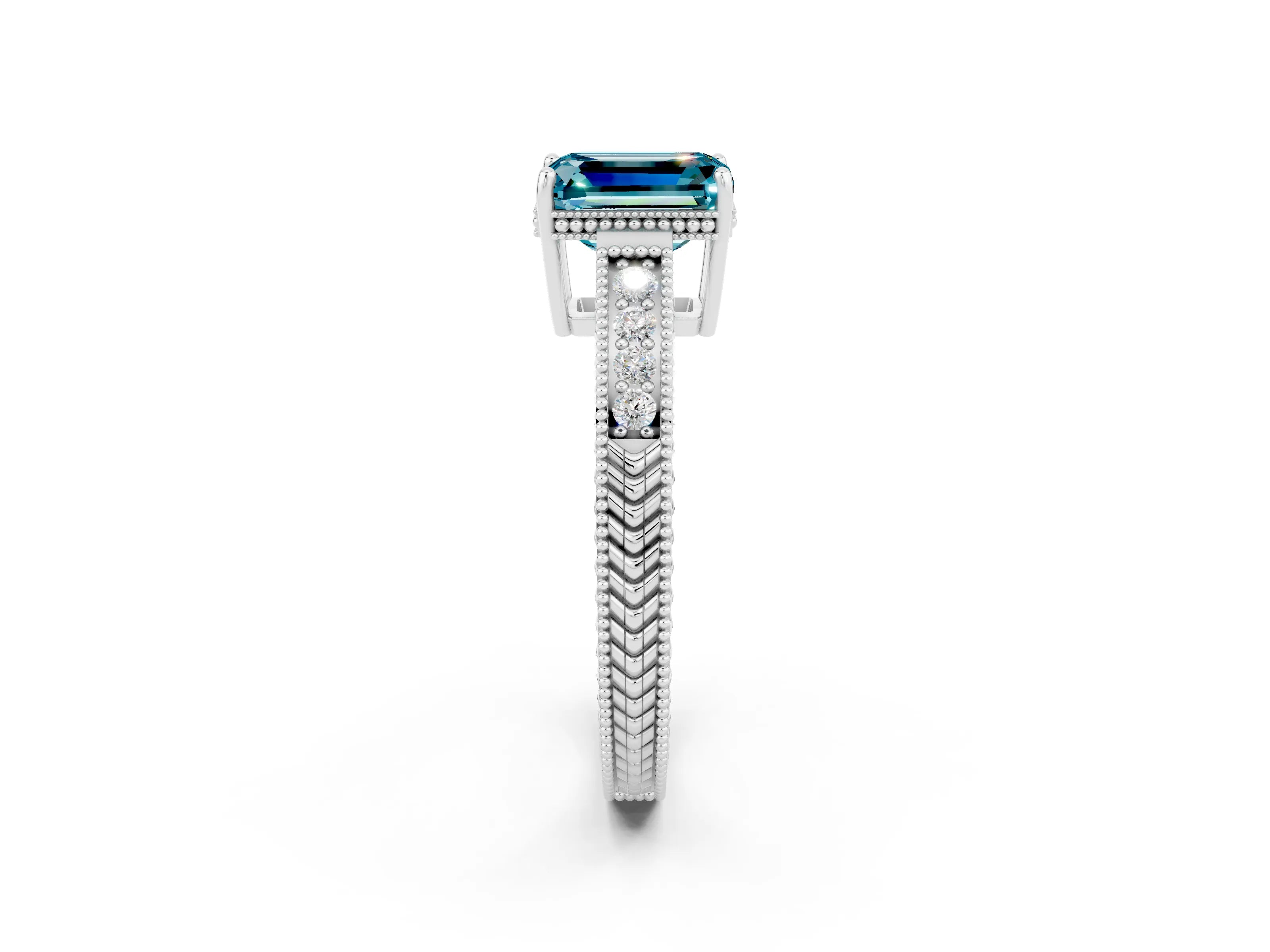 White gold Emerald Cut Blue Topaz Engagement Ring with Milgrain Channel Set Band and Prong Setting_2