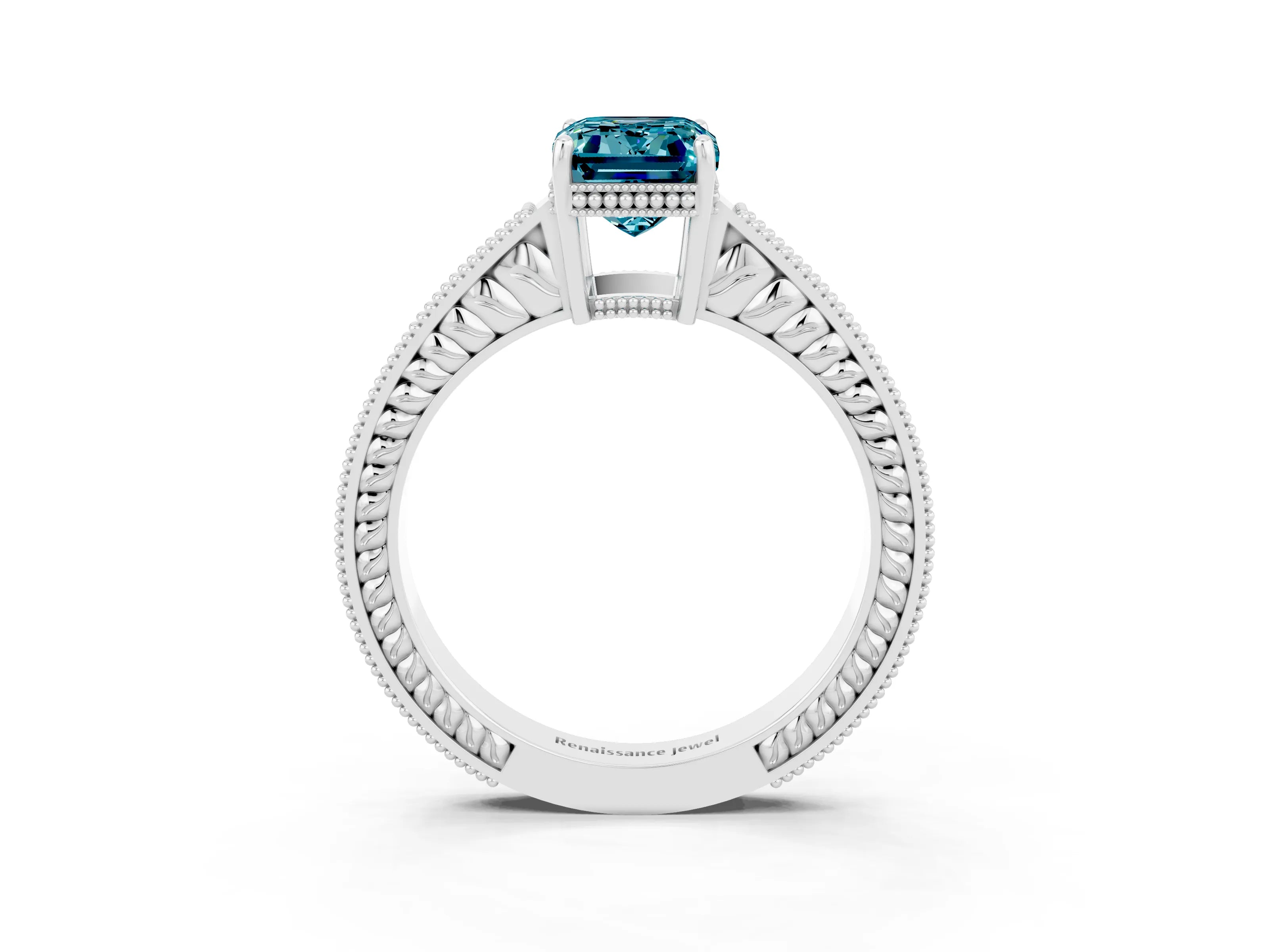 White gold Emerald Cut Blue Topaz Engagement Ring with Milgrain Channel Set Band and Prong Setting_3
