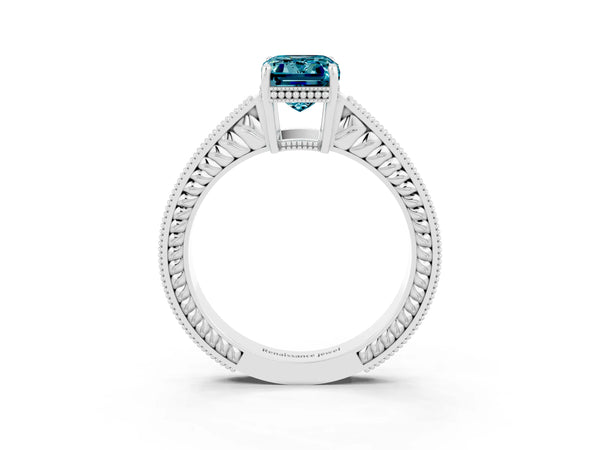 White gold Emerald Cut Blue Topaz Engagement Ring with Milgrain Channel Set Band and Prong Setting