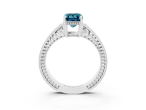 White gold Emerald Cut Blue Topaz Engagement Ring with Milgrain Channel Set Band and Prong Setting_3