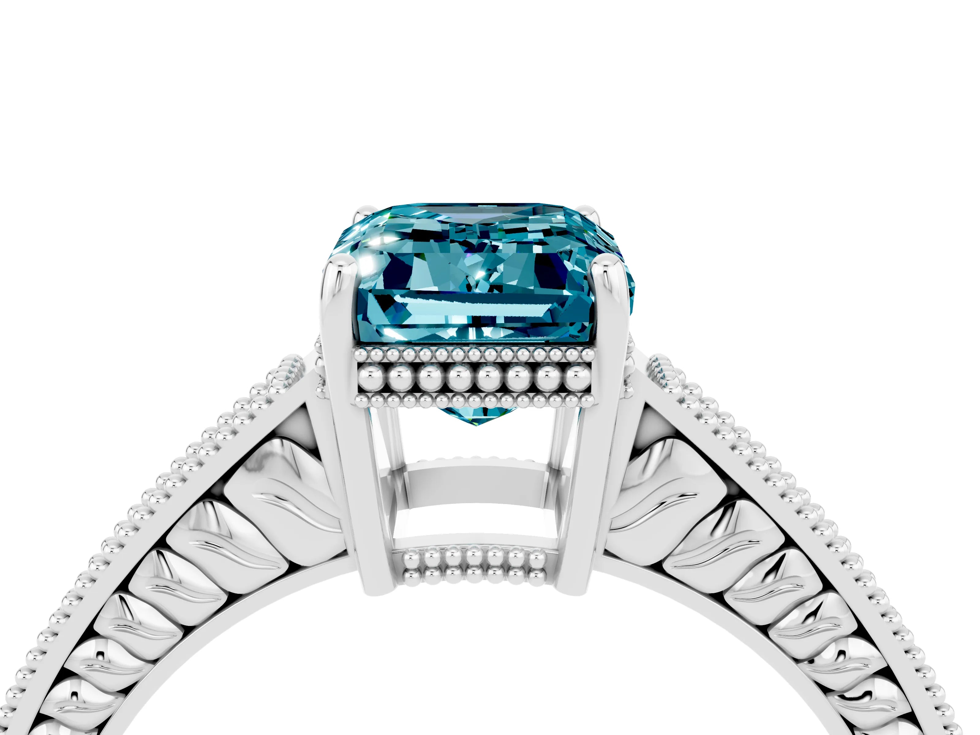 White gold Emerald Cut Blue Topaz Engagement Ring with Milgrain Channel Set Band and Prong Setting_4