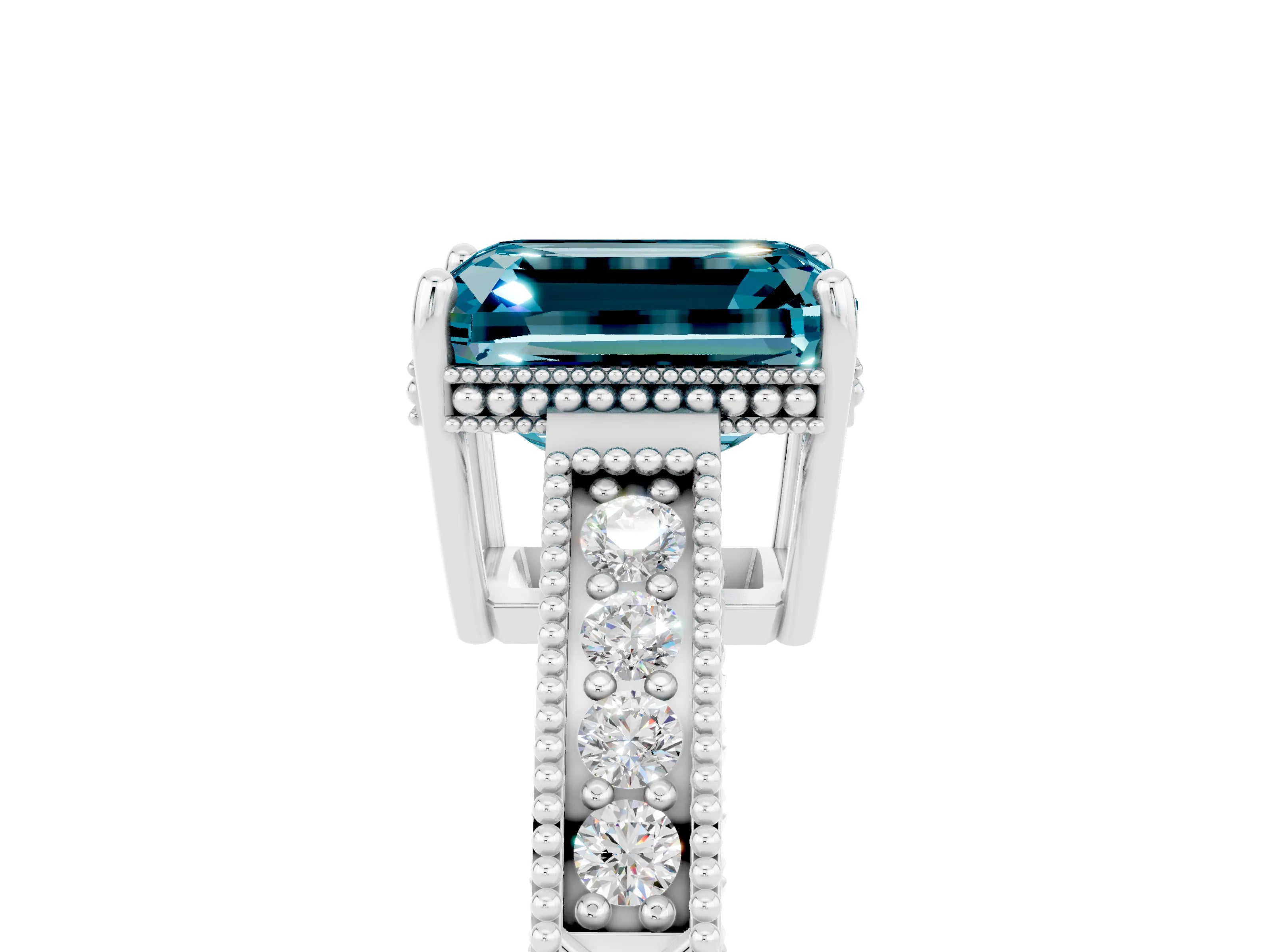White gold Emerald Cut Blue Topaz Engagement Ring with Milgrain Channel Set Band and Prong Setting_5