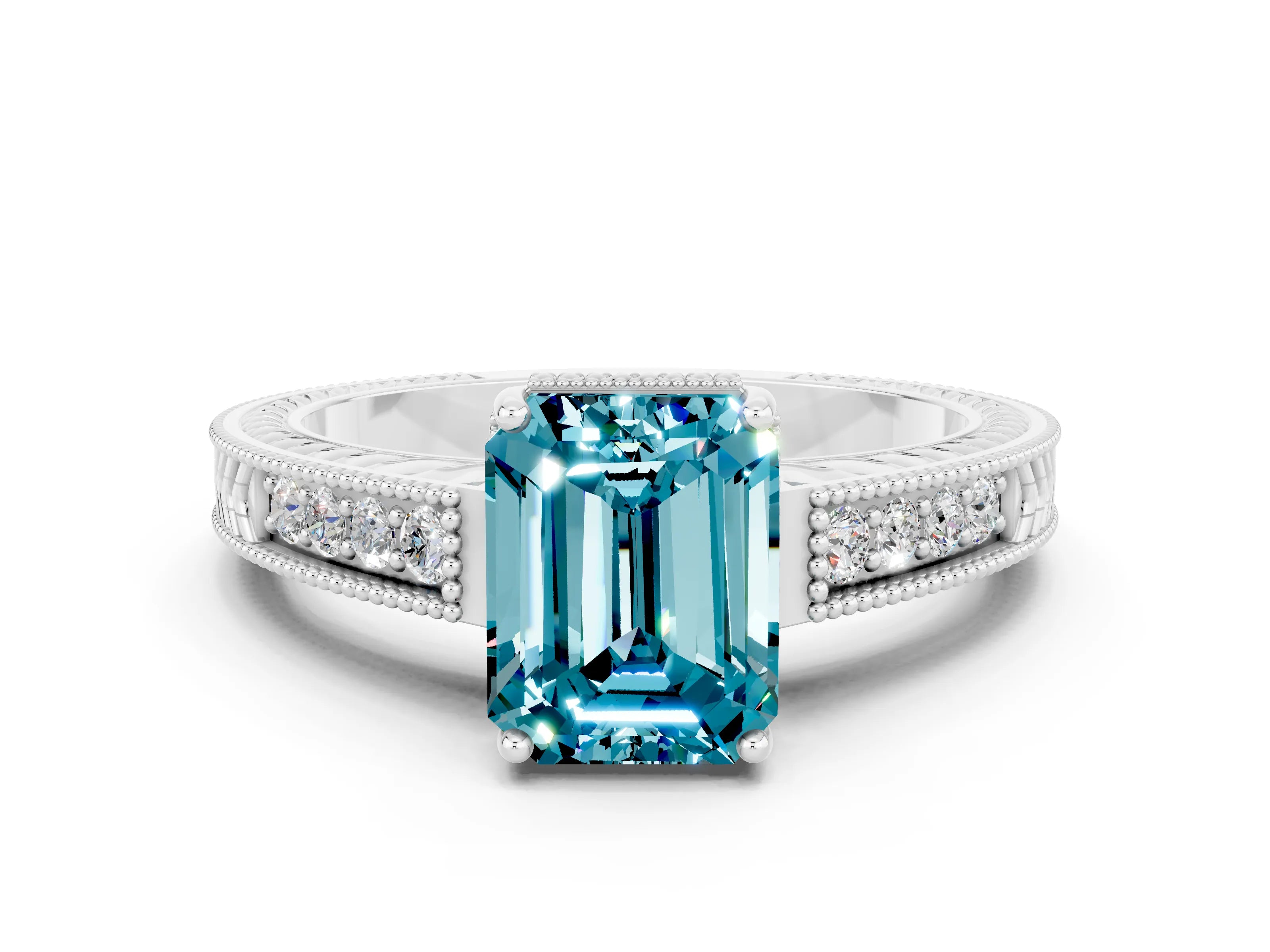 White gold Emerald Cut Blue Topaz Engagement Ring with Milgrain Channel Set Band and Prong Setting