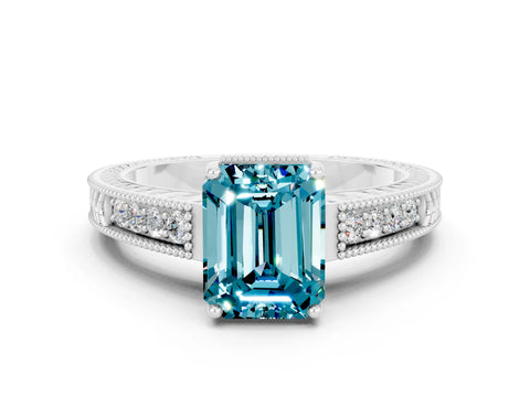 White gold Emerald Cut Blue Topaz Engagement Ring with Milgrain Channel Set Band and Prong Setting