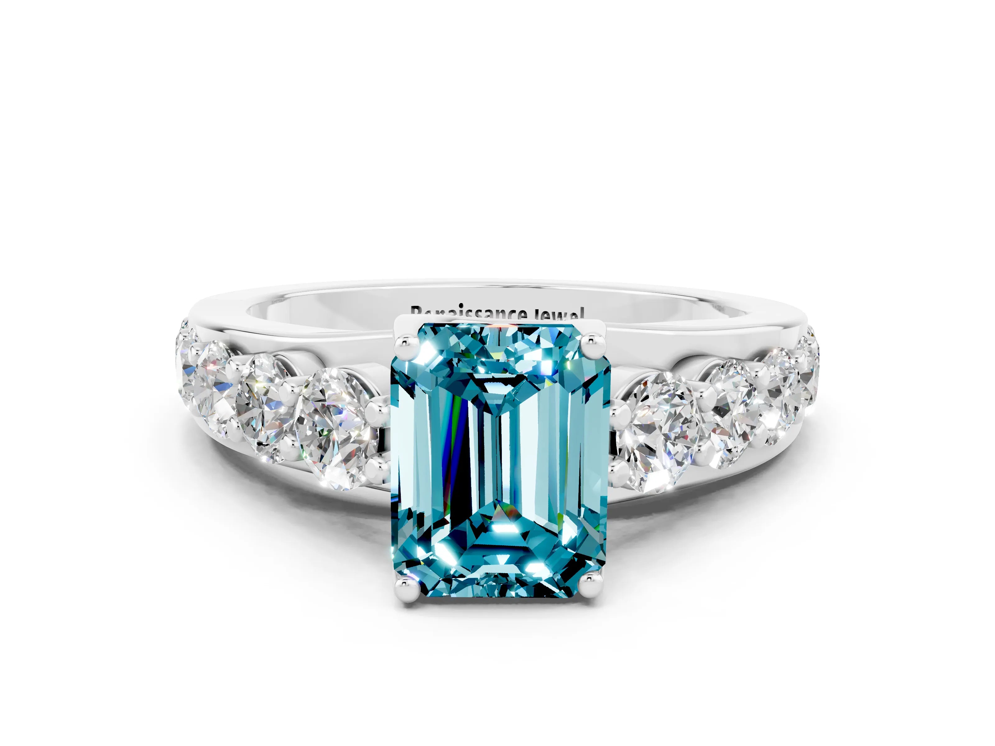 White gold Emerald Cut Blue Topaz Engagement Ring with Pavé Band and Four-Prong Setting