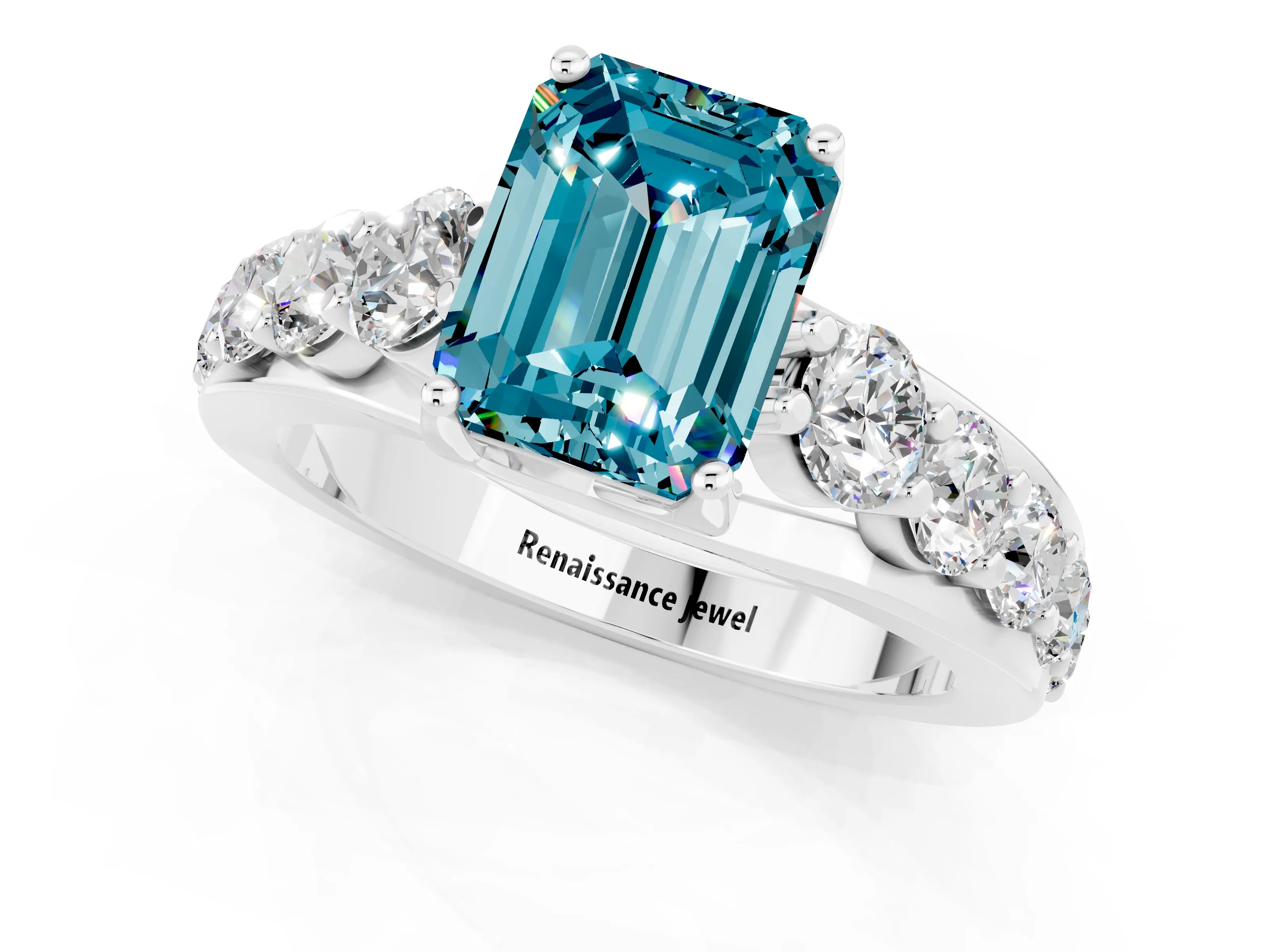 White gold Emerald Cut Blue Topaz Engagement Ring with Pavé Band and Four-Prong Setting_1