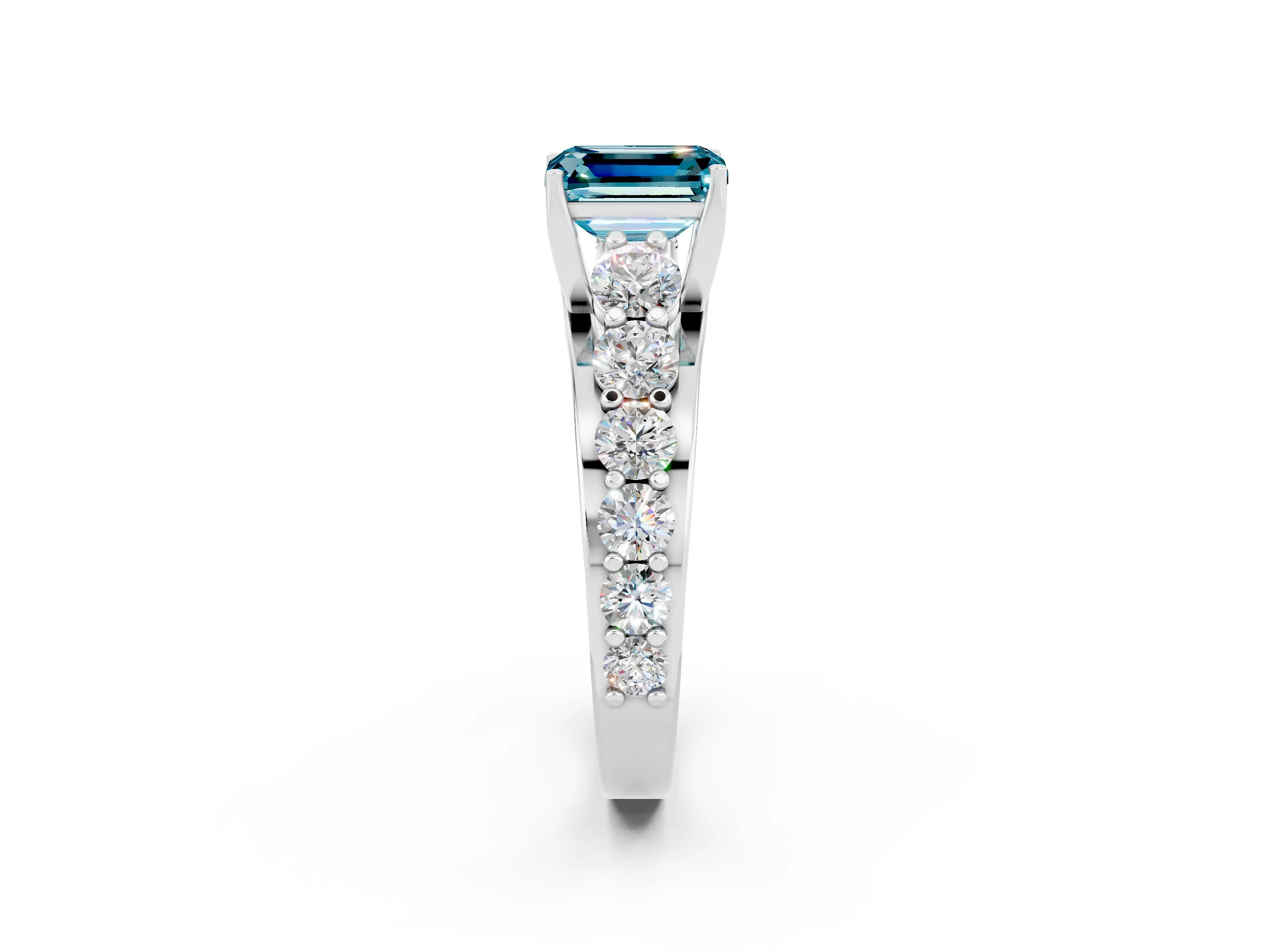 White gold Emerald Cut Blue Topaz Engagement Ring with Pavé Band and Four-Prong Setting_2