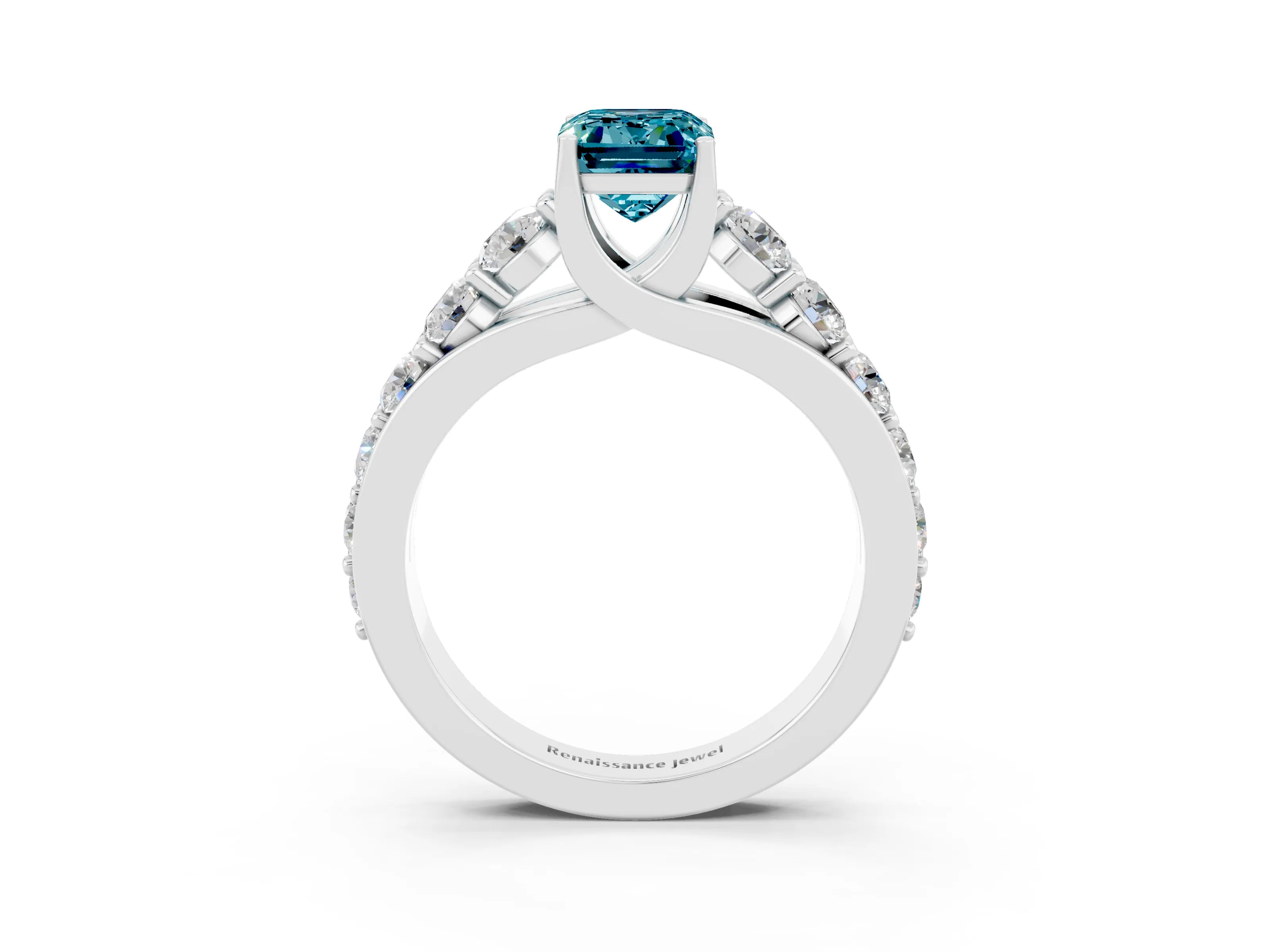 White gold Emerald Cut Blue Topaz Engagement Ring with Pavé Band and Four-Prong Setting_3