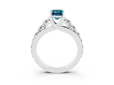 White gold Emerald Cut Blue Topaz Engagement Ring with Pavé Band and Four-Prong Setting_3
