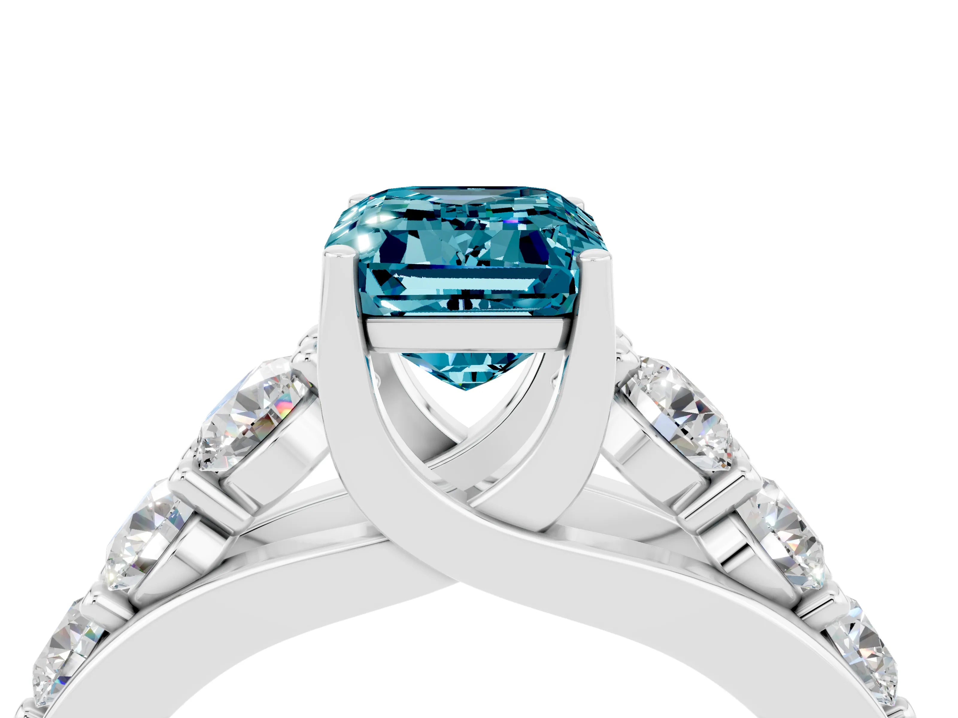 White gold Emerald Cut Blue Topaz Engagement Ring with Pavé Band and Four-Prong Setting_4