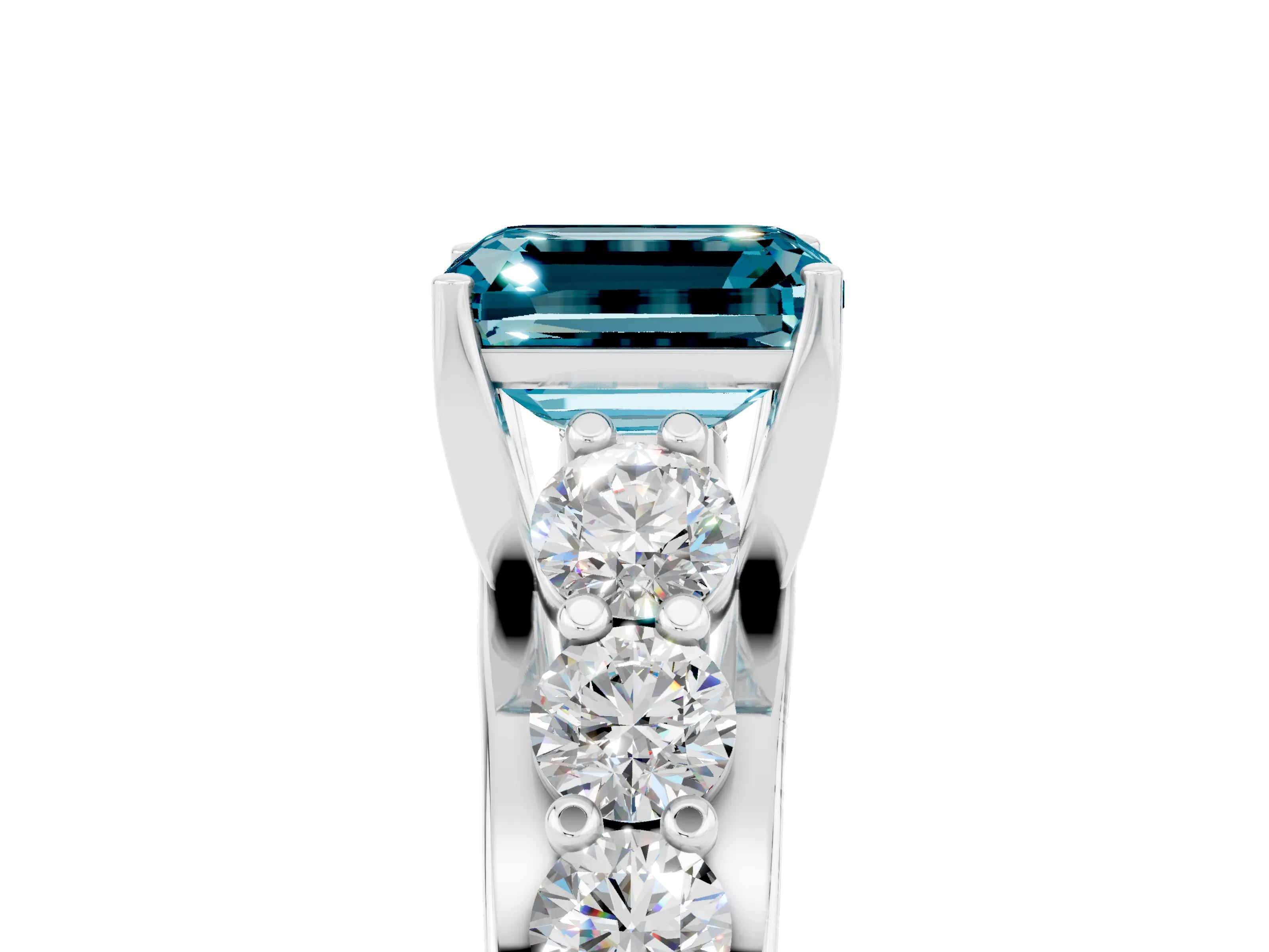 White gold Emerald Cut Blue Topaz Engagement Ring with Pavé Band and Four-Prong Setting_5