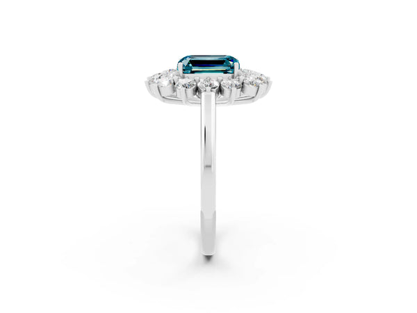 White gold Emerald Cut Blue Topaz Floral Double Halo Engagement Ring with Prong Setting