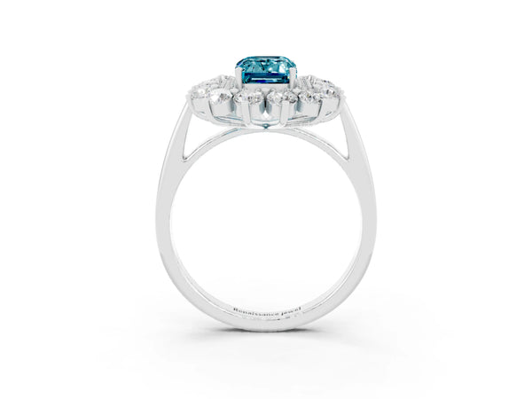 White gold Emerald Cut Blue Topaz Floral Double Halo Engagement Ring with Prong Setting