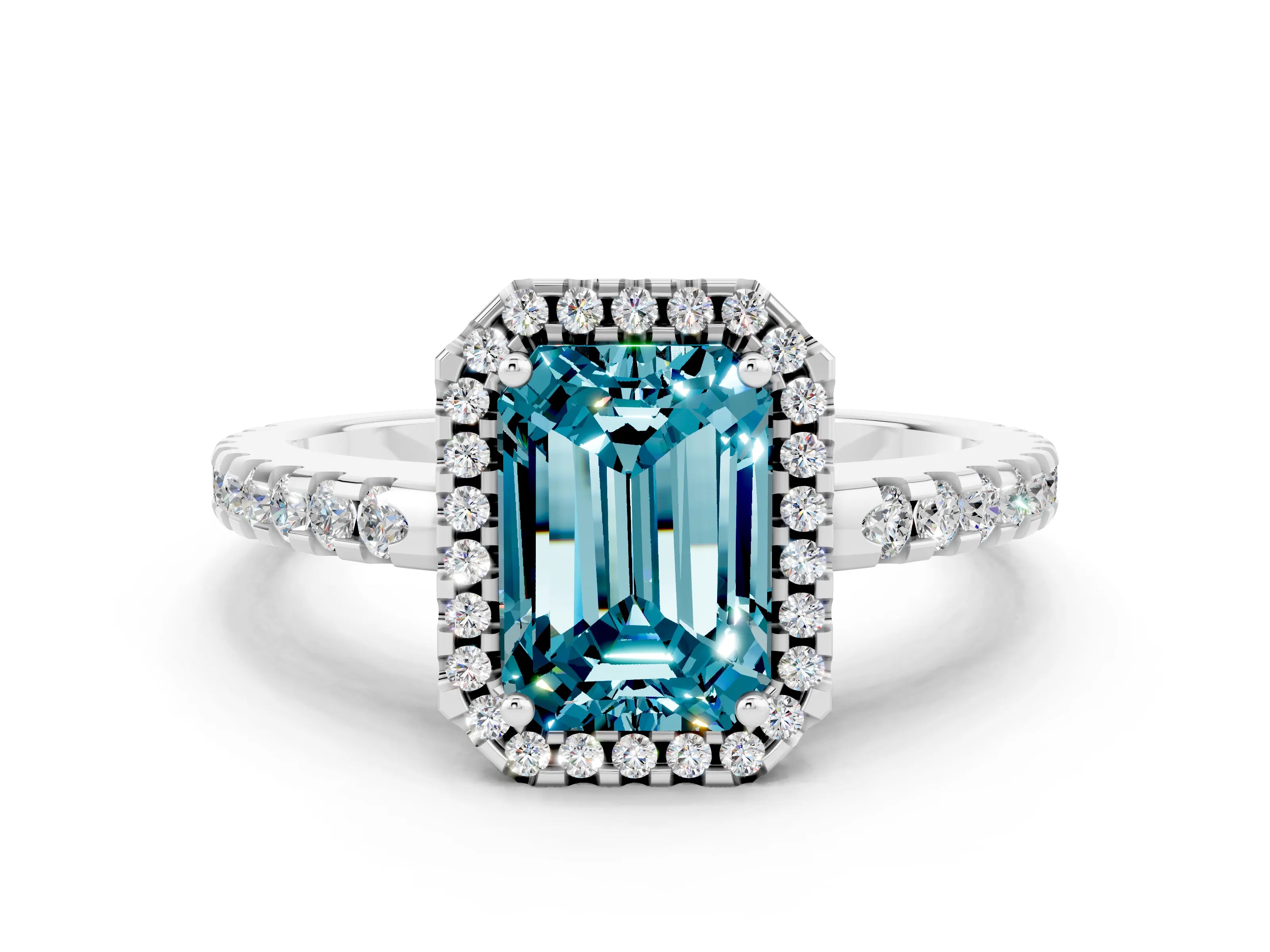 White gold Emerald Cut Blue Topaz Halo Engagement Ring with Pavé Band and Prong Setting_12