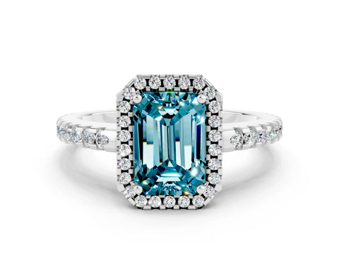 White gold Emerald Cut Blue Topaz Halo Engagement Ring with Pavé Band and Prong Setting_12