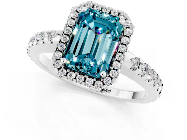 Platinum Emerald Cut Blue Topaz Halo Engagement Ring with Pavé Band and Prong Setting