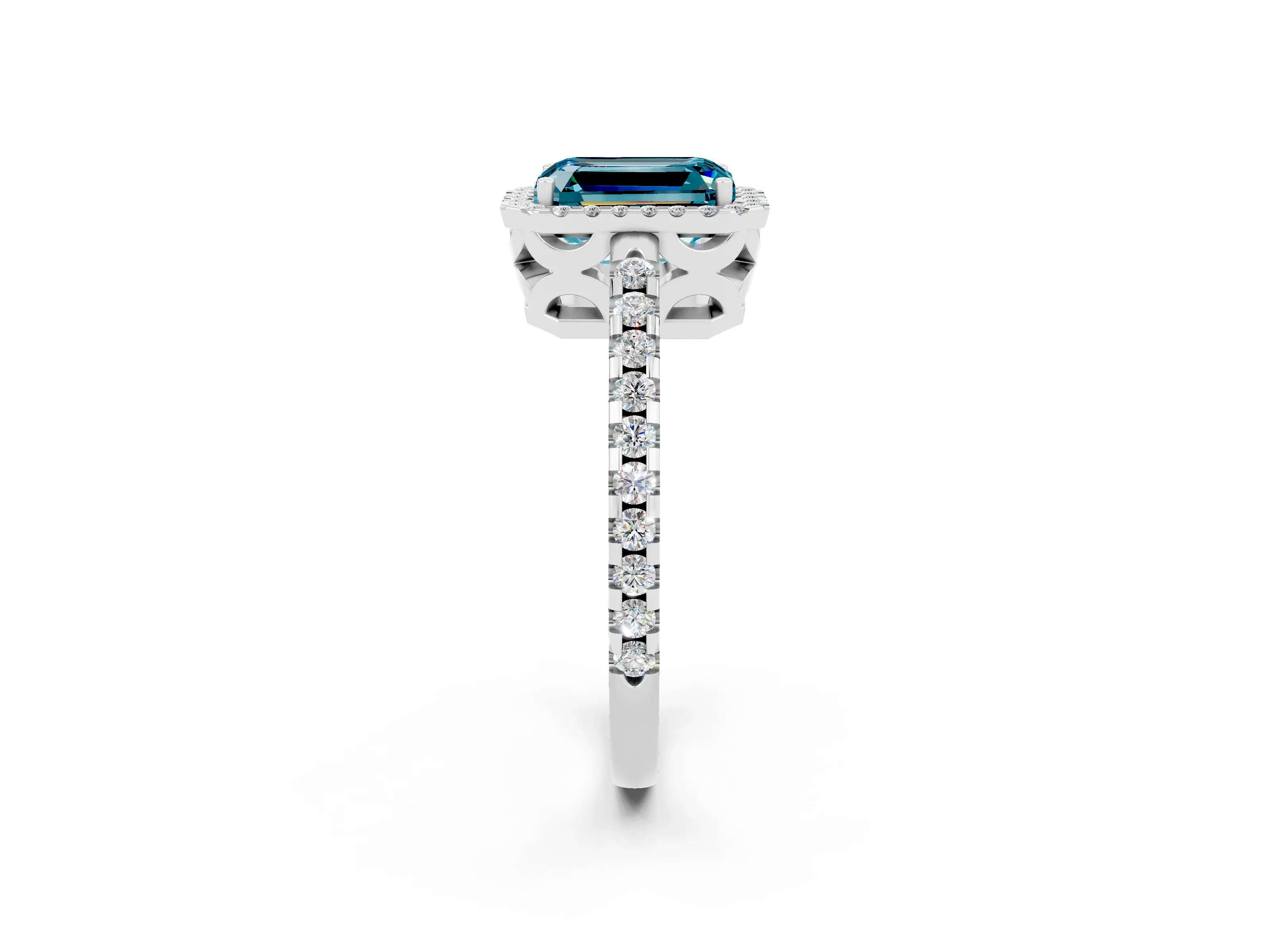White gold Emerald Cut Blue Topaz Halo Engagement Ring with Pavé Band and Prong Setting_14