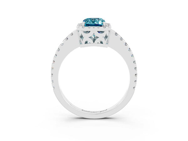 Silver Emerald Cut Blue Topaz Halo Engagement Ring with Pavé Band and Prong Setting