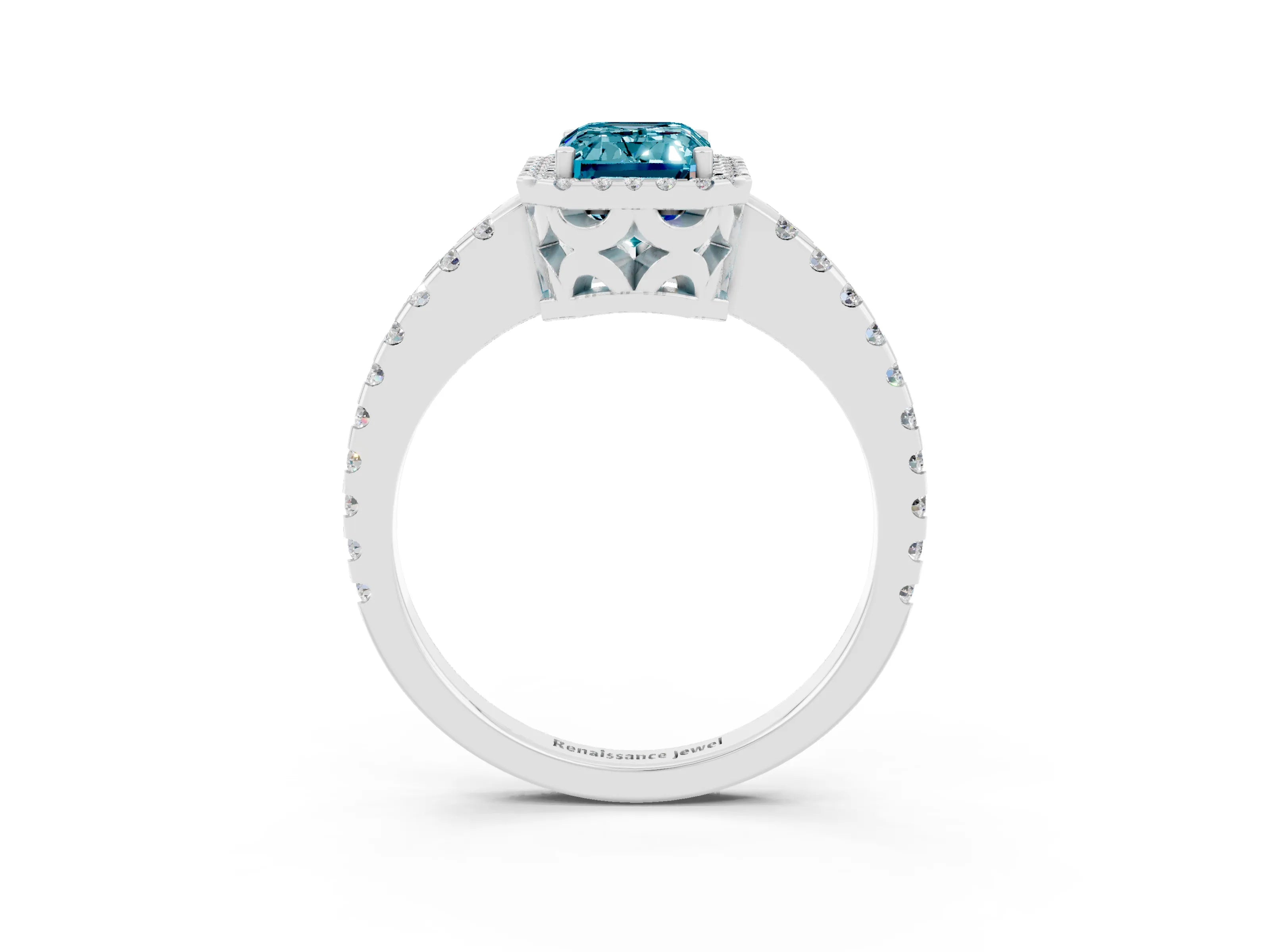 White gold Emerald Cut Blue Topaz Halo Engagement Ring with Pavé Band and Prong Setting_15