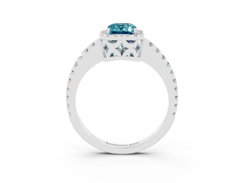 White gold Emerald Cut Blue Topaz Halo Engagement Ring with Pavé Band and Prong Setting_15
