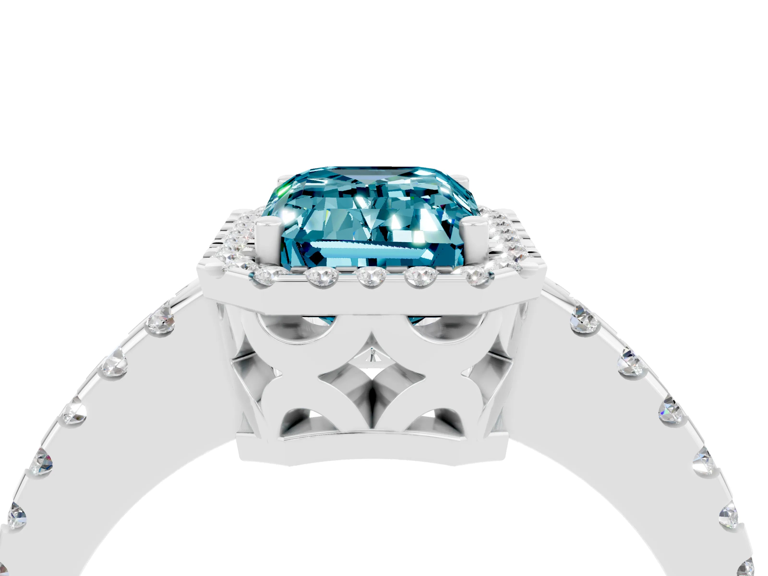White gold Emerald Cut Blue Topaz Halo Engagement Ring with Pavé Band and Prong Setting_16