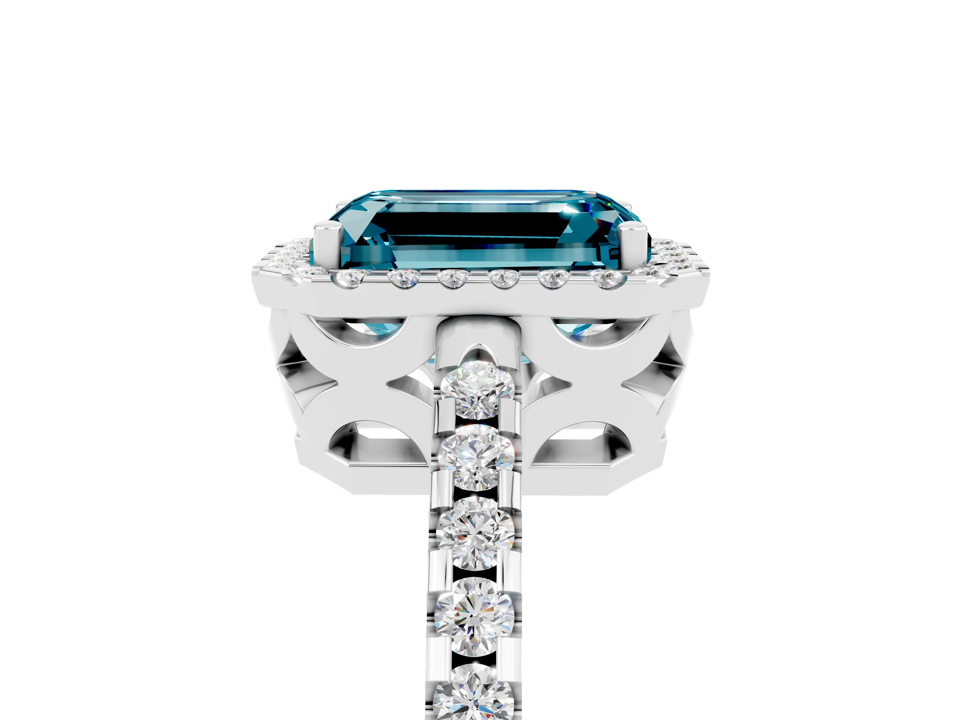 White gold Emerald Cut Blue Topaz Halo Engagement Ring with Pavé Band and Prong Setting_17