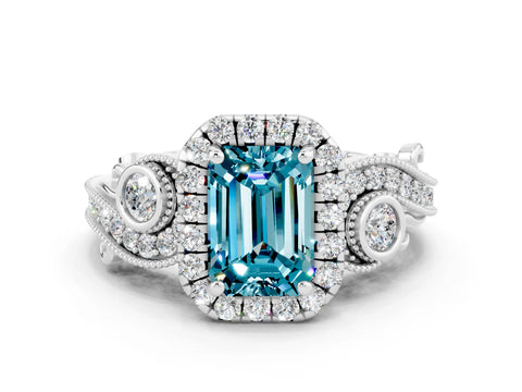 White gold Emerald Cut Blue Topaz Halo Ring with Milgrain Pavé Band and Four-Prong Setting_12