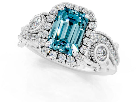 White gold Emerald Cut Blue Topaz Halo Ring with Milgrain Pavé Band and Four-Prong Setting_13