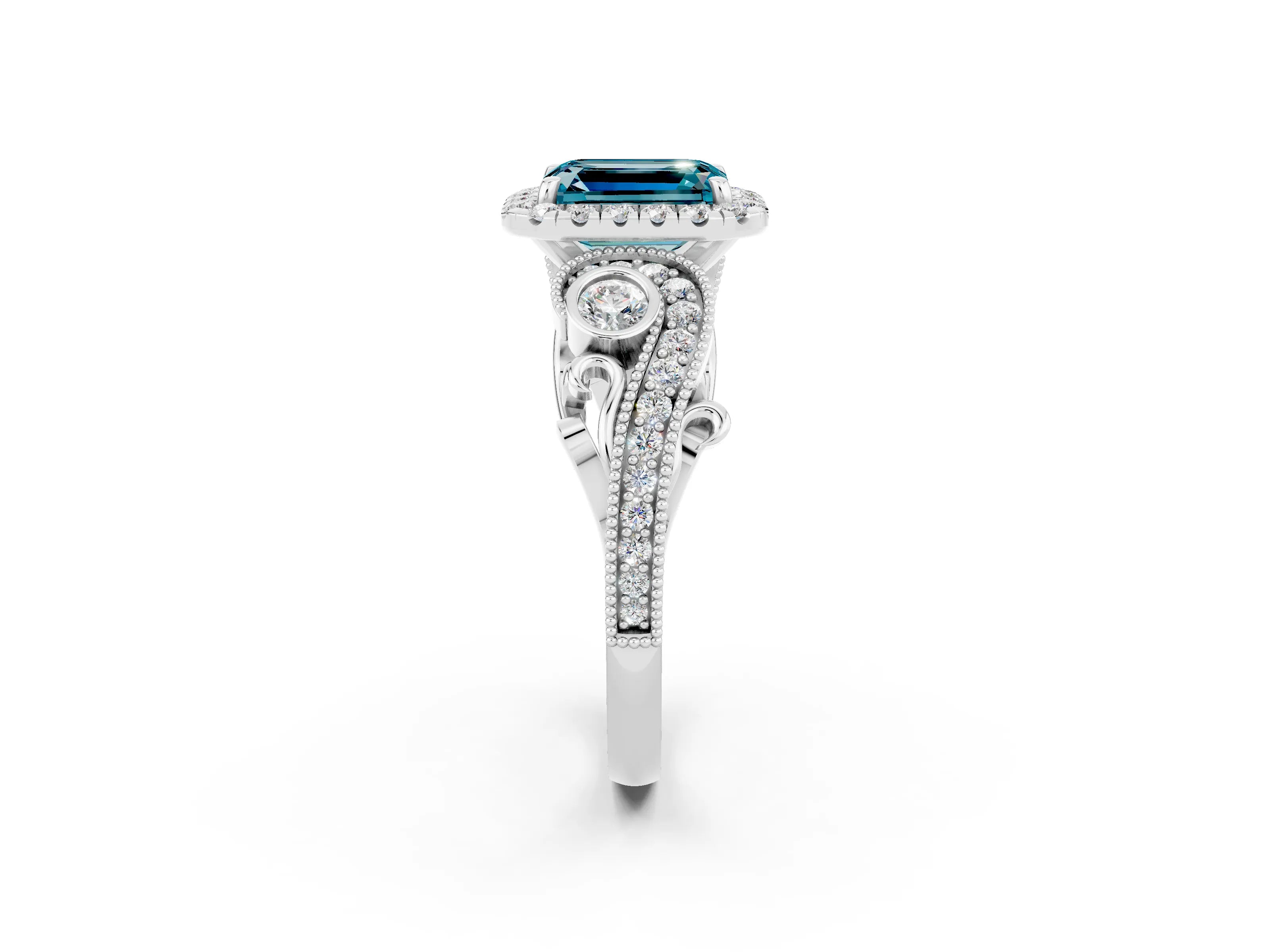 White gold Emerald Cut Blue Topaz Halo Ring with Milgrain Pavé Band and Four-Prong Setting_14