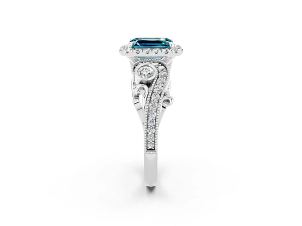 Silver Emerald Cut Blue Topaz Halo Ring with Milgrain Pavé Band and Four-Prong Setting