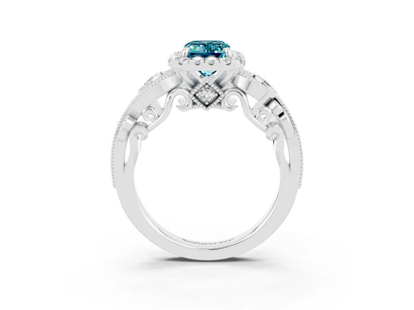 Platinum Emerald Cut Blue Topaz Halo Ring with Milgrain Pavé Band and Four-Prong Setting