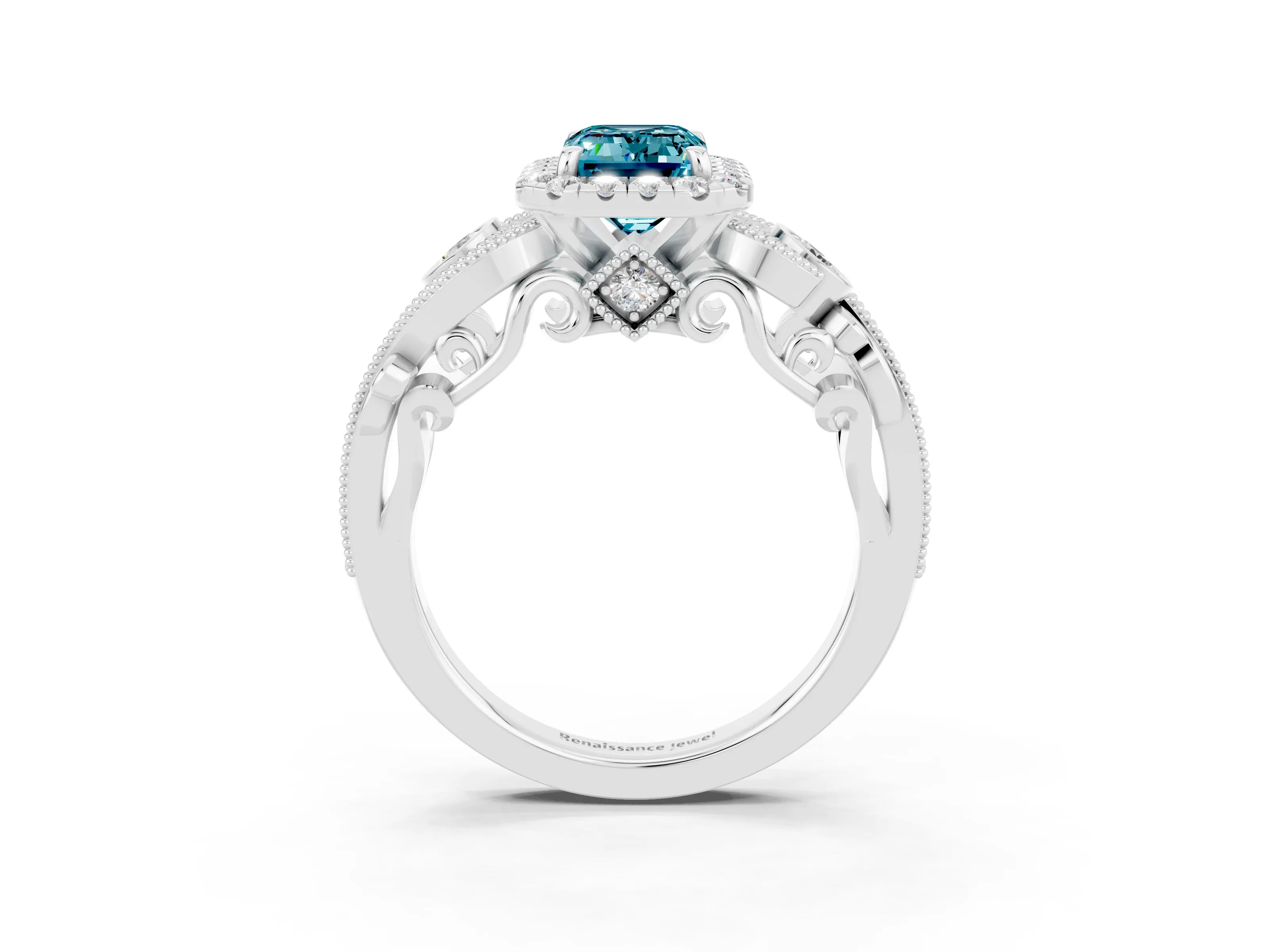 White gold Emerald Cut Blue Topaz Halo Ring with Milgrain Pavé Band and Four-Prong Setting_15