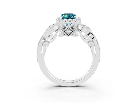 White gold Emerald Cut Blue Topaz Halo Ring with Milgrain Pavé Band and Four-Prong Setting_15