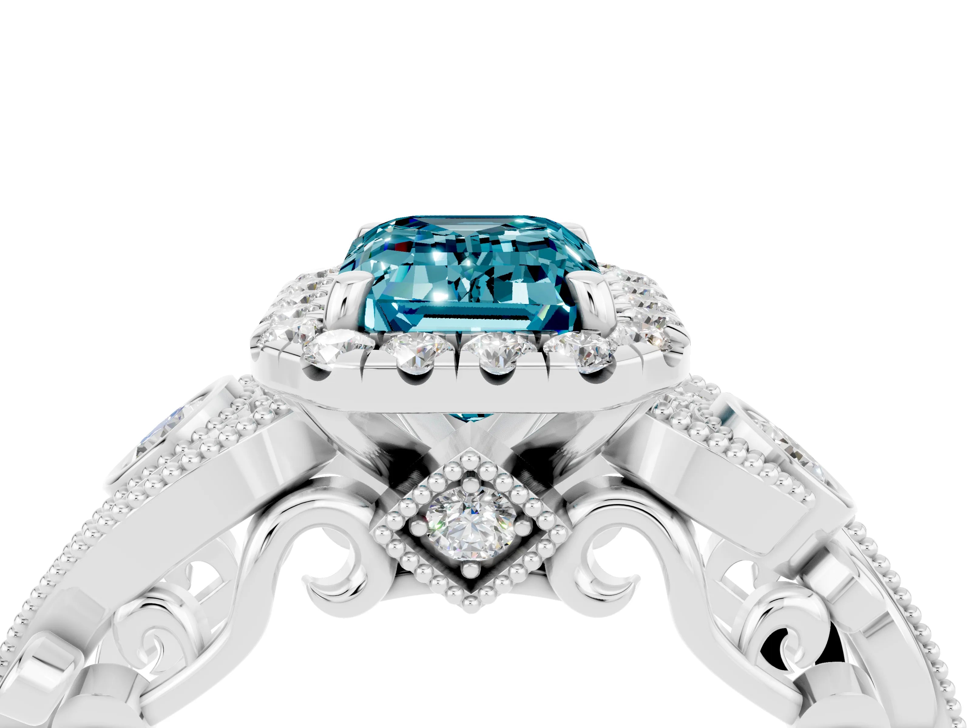 White gold Emerald Cut Blue Topaz Halo Ring with Milgrain Pavé Band and Four-Prong Setting_16