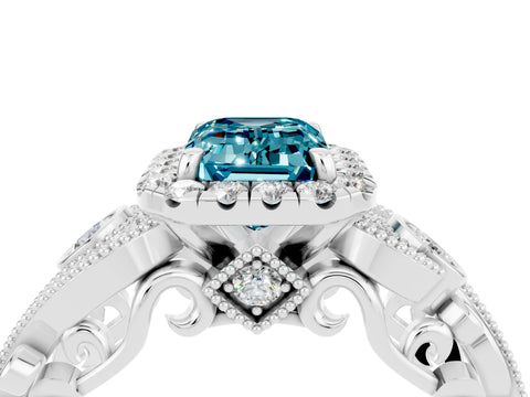 White gold Emerald Cut Blue Topaz Halo Ring with Milgrain Pavé Band and Four-Prong Setting_16