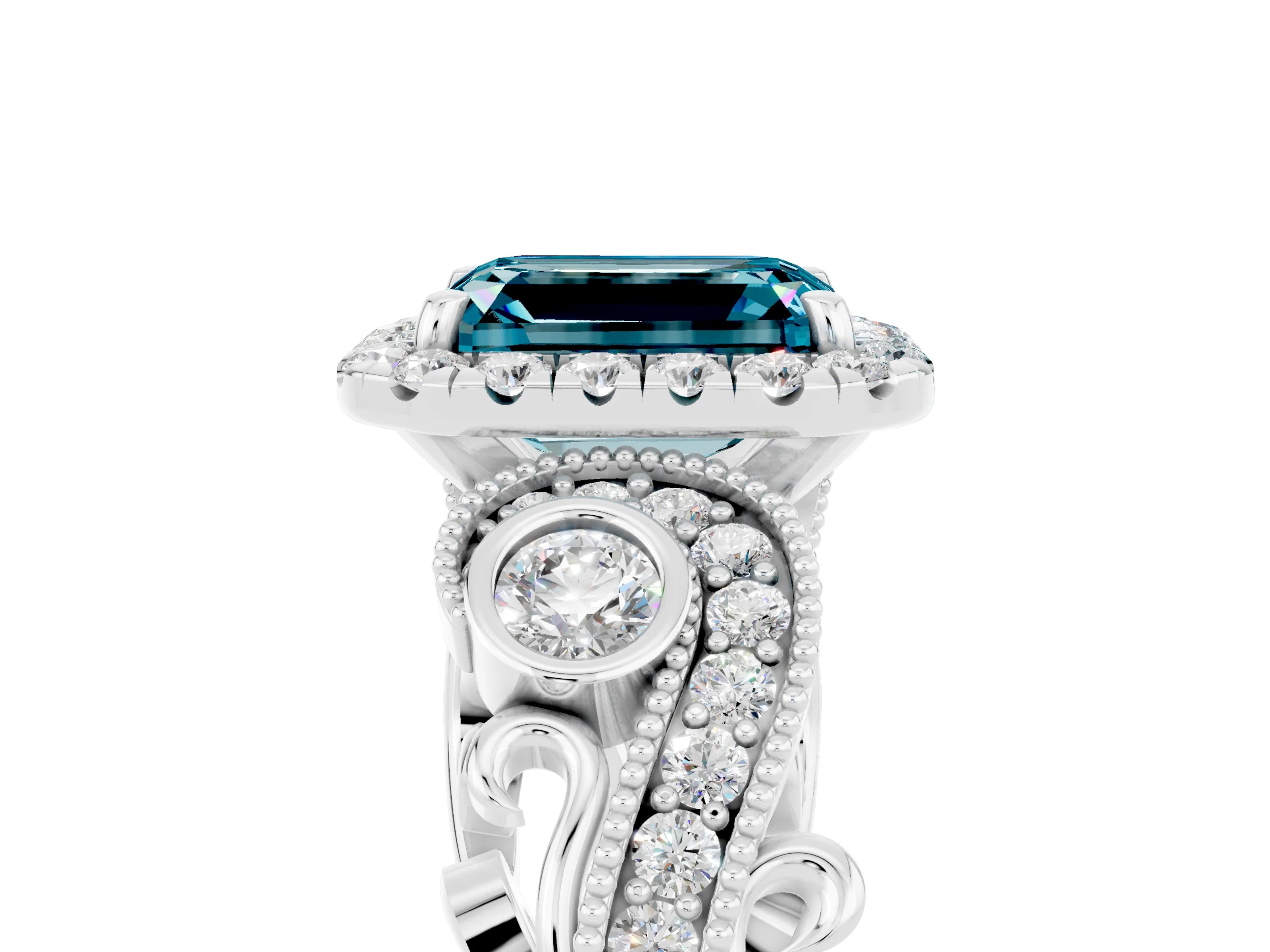White gold Emerald Cut Blue Topaz Halo Ring with Milgrain Pavé Band and Four-Prong Setting_17
