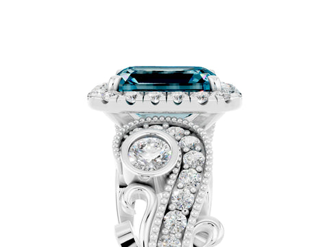 White gold Emerald Cut Blue Topaz Halo Ring with Milgrain Pavé Band and Four-Prong Setting_17