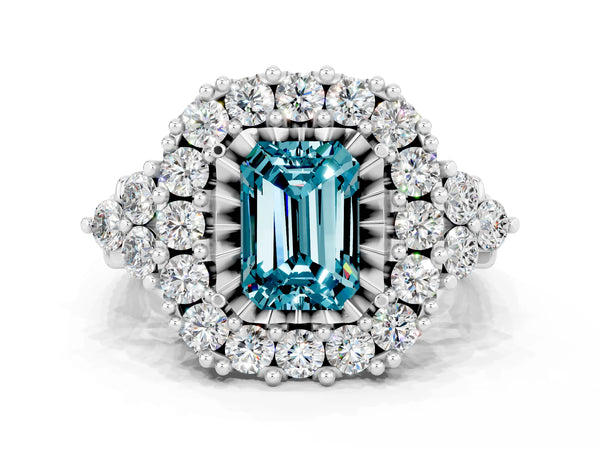 Platinum Emerald Cut Blue Topaz Halo Ring with Pavé Band and Four-Prong Setting