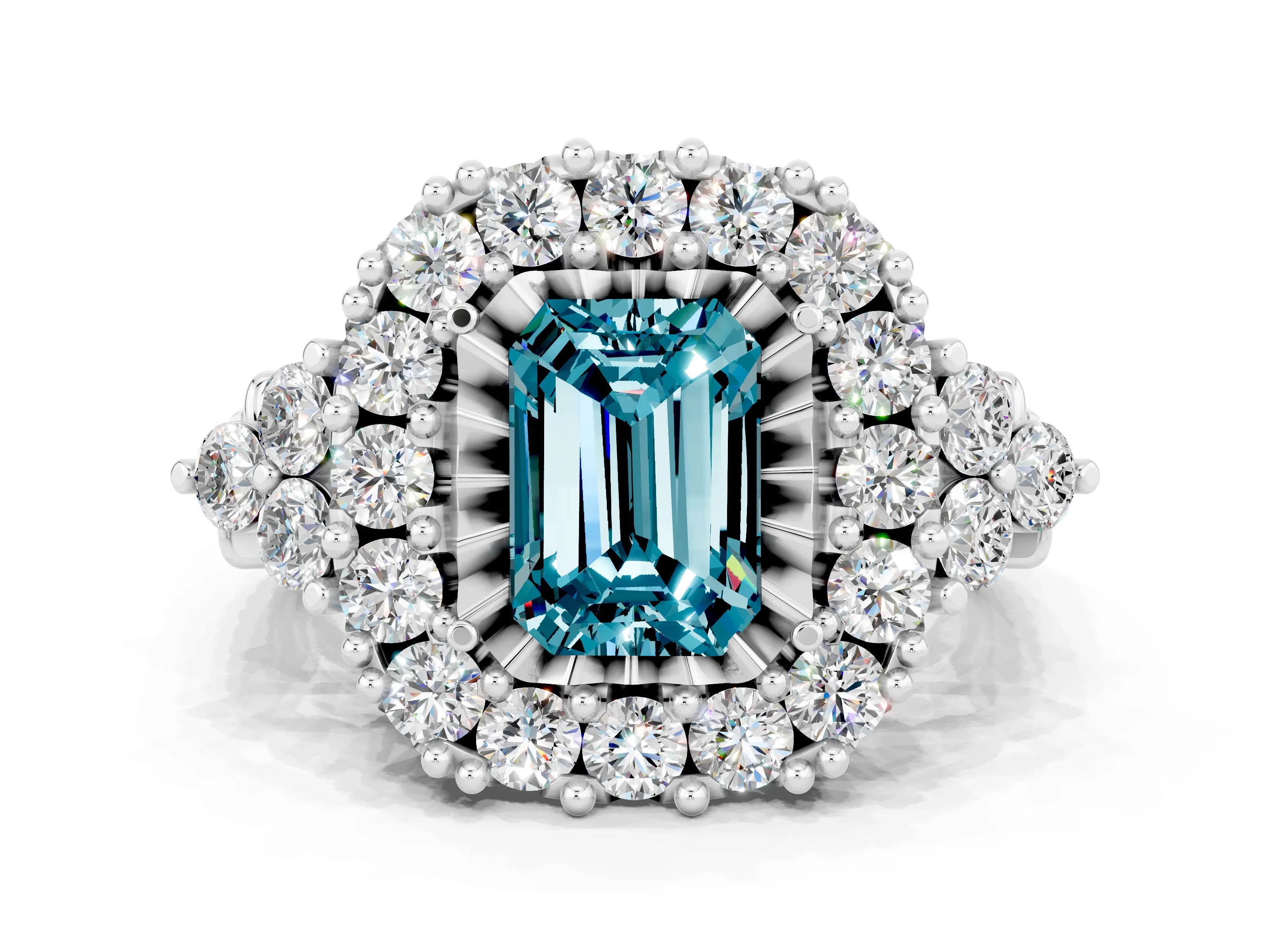 White gold Emerald Cut Blue Topaz Halo Ring with Pavé Band and Four-Prong Setting_12