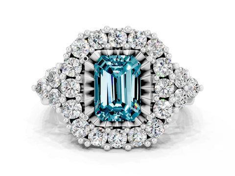 White gold Emerald Cut Blue Topaz Halo Ring with Pavé Band and Four-Prong Setting_12