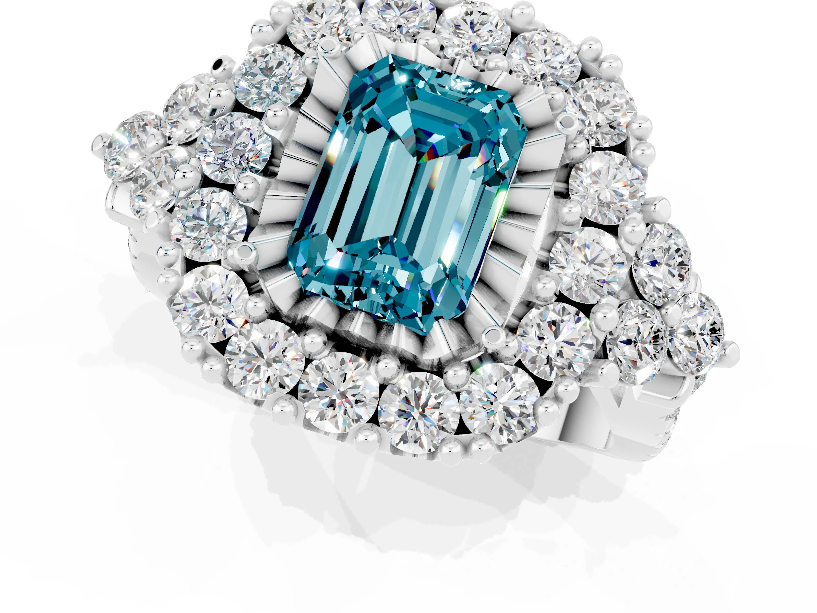 White gold Emerald Cut Blue Topaz Halo Ring with Pavé Band and Four-Prong Setting_13