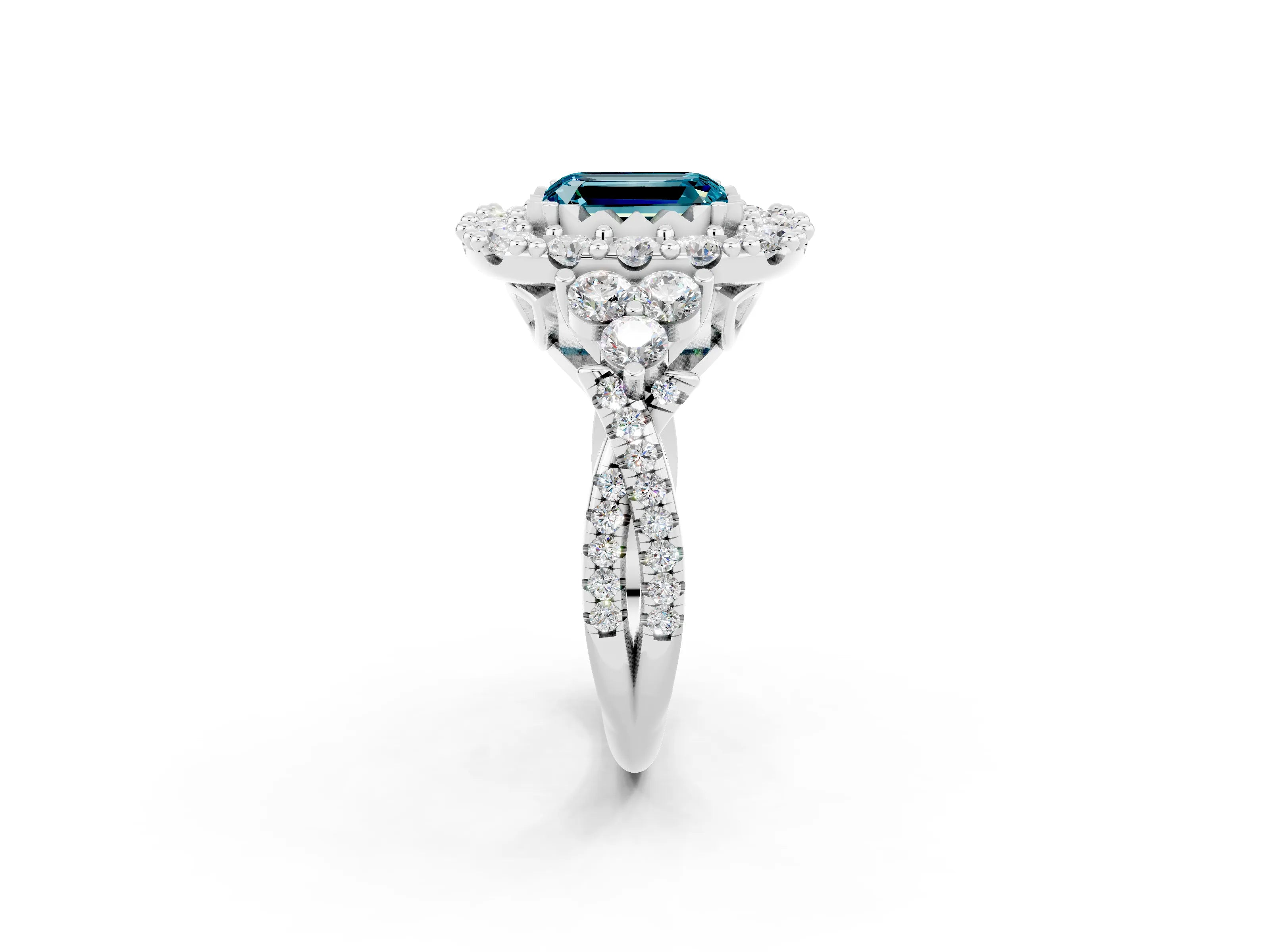 White gold Emerald Cut Blue Topaz Halo Ring with Pavé Band and Four-Prong Setting_14