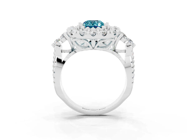 White gold Emerald Cut Blue Topaz Halo Ring with Pavé Band and Four-Prong Setting
