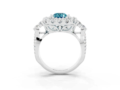 White gold Emerald Cut Blue Topaz Halo Ring with Pavé Band and Four-Prong Setting_15