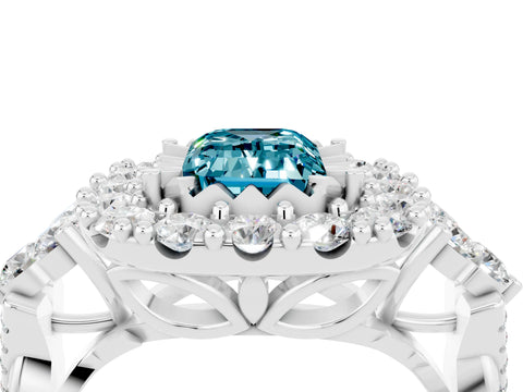 White gold Emerald Cut Blue Topaz Halo Ring with Pavé Band and Four-Prong Setting_16