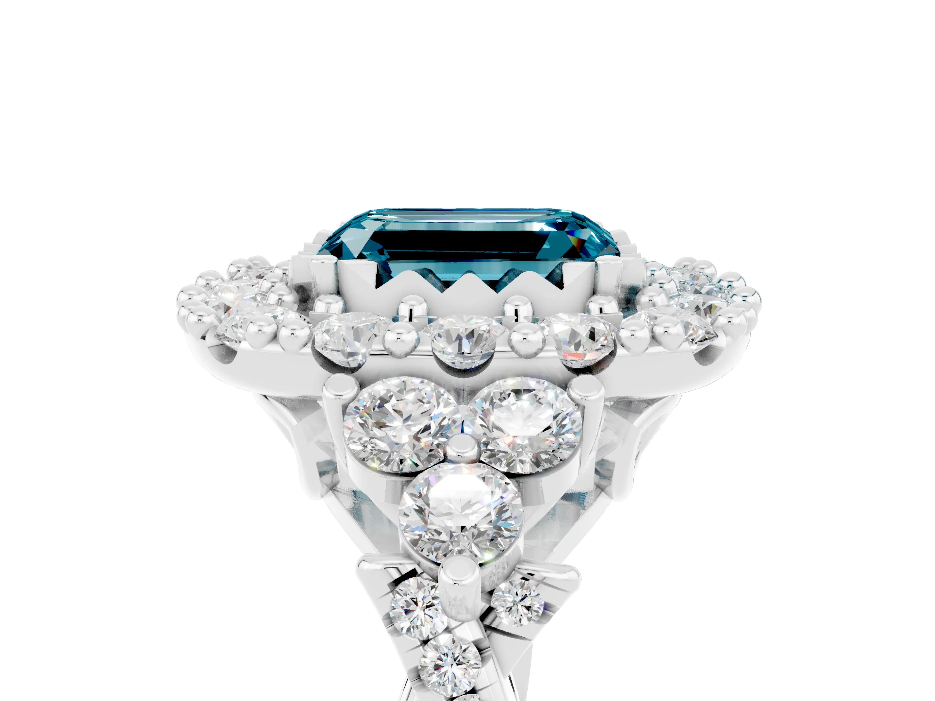 White gold Emerald Cut Blue Topaz Halo Ring with Pavé Band and Four-Prong Setting_17