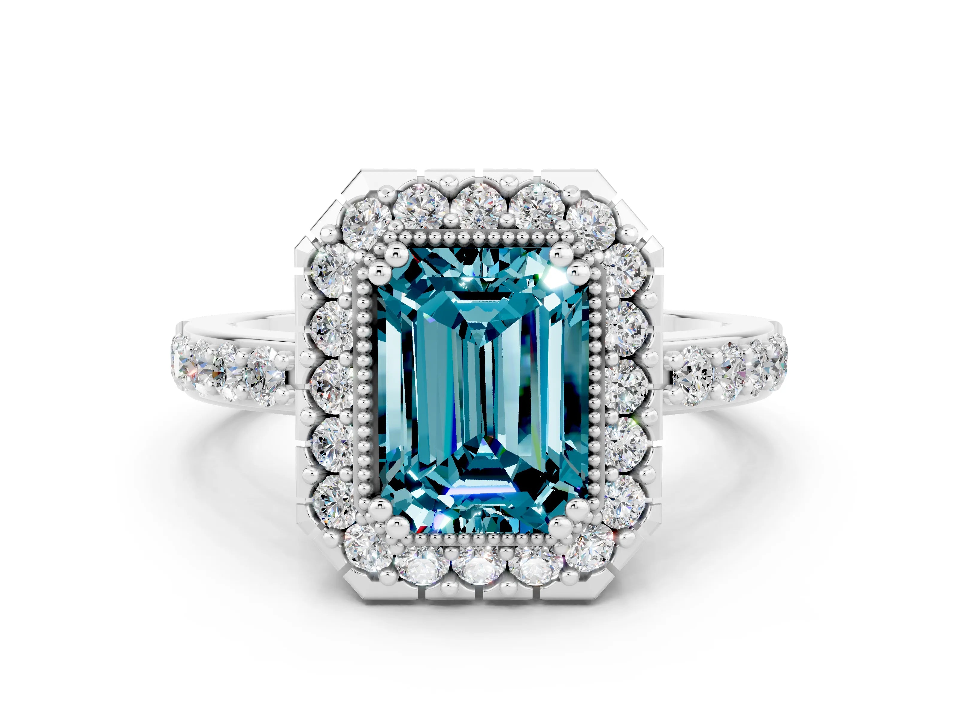 White gold Emerald Cut Blue Topaz Halo Ring with Pavé Band and Prong Setting