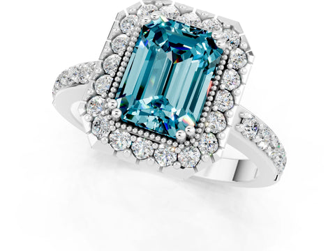 White gold Emerald Cut Blue Topaz Halo Ring with Pavé Band and Prong Setting_1
