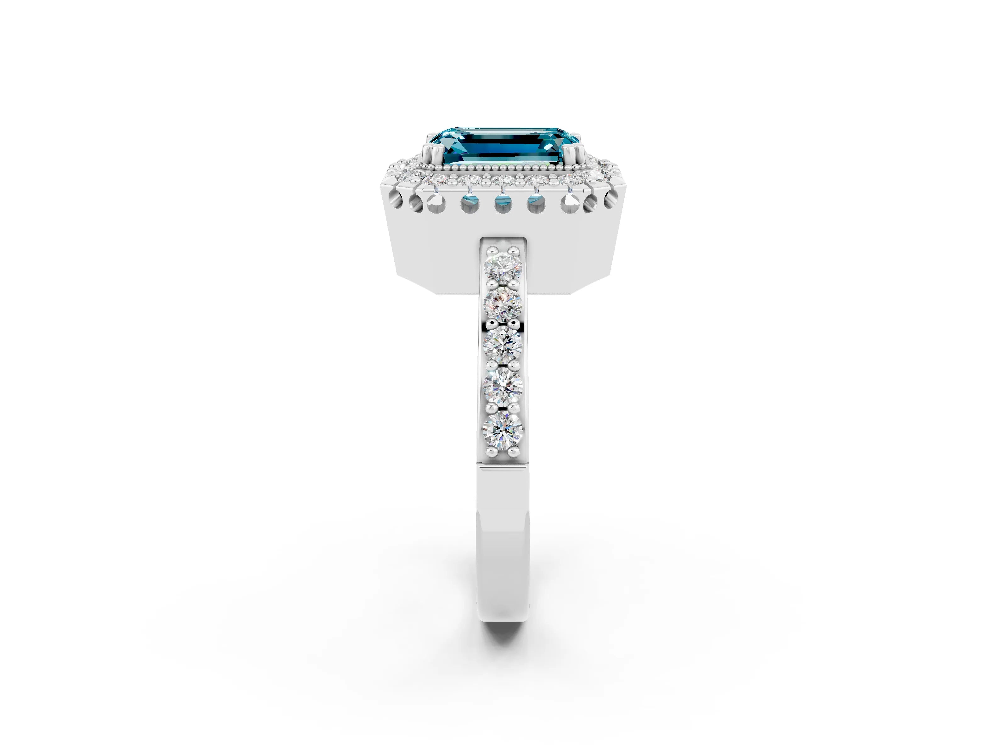 White gold Emerald Cut Blue Topaz Halo Ring with Pavé Band and Prong Setting_2